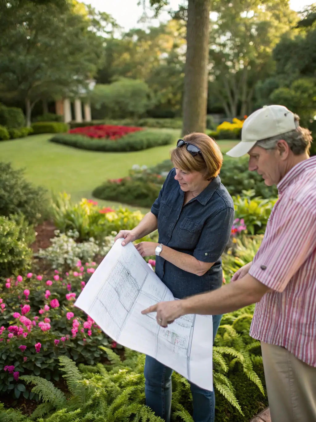 A landscape designer consulting with a homeowner, reviewing a blueprint for a new garden bed installation surrounded by blooming flowers and decorative rocks.