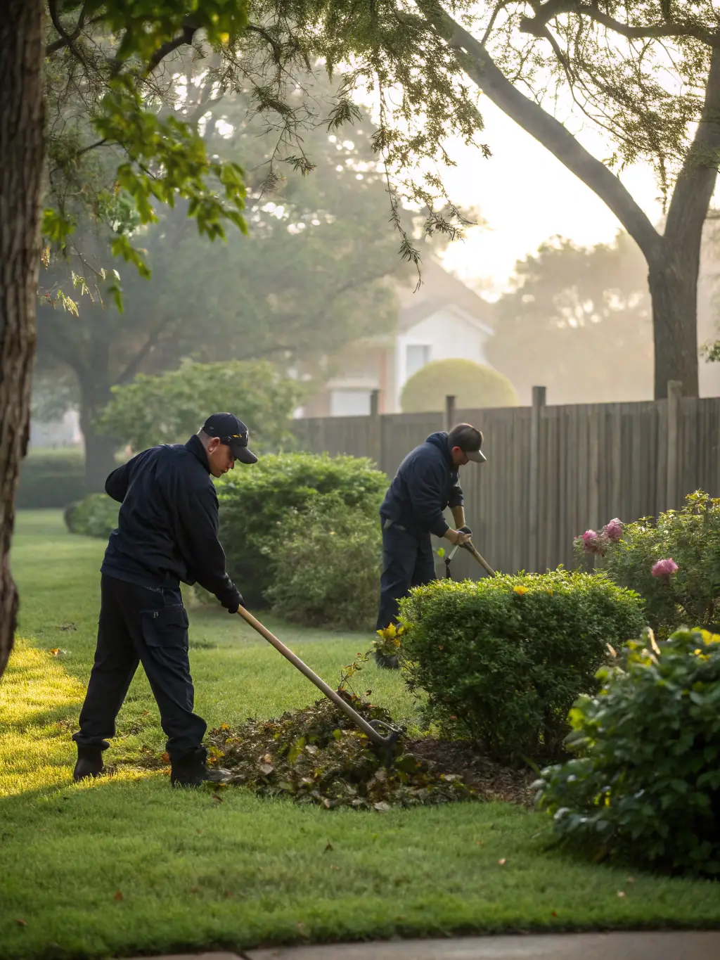 Workers performing a full property cleanup, removing leaves, trimming shrubs, and hauling away yard debris from a suburban yard during fall season.