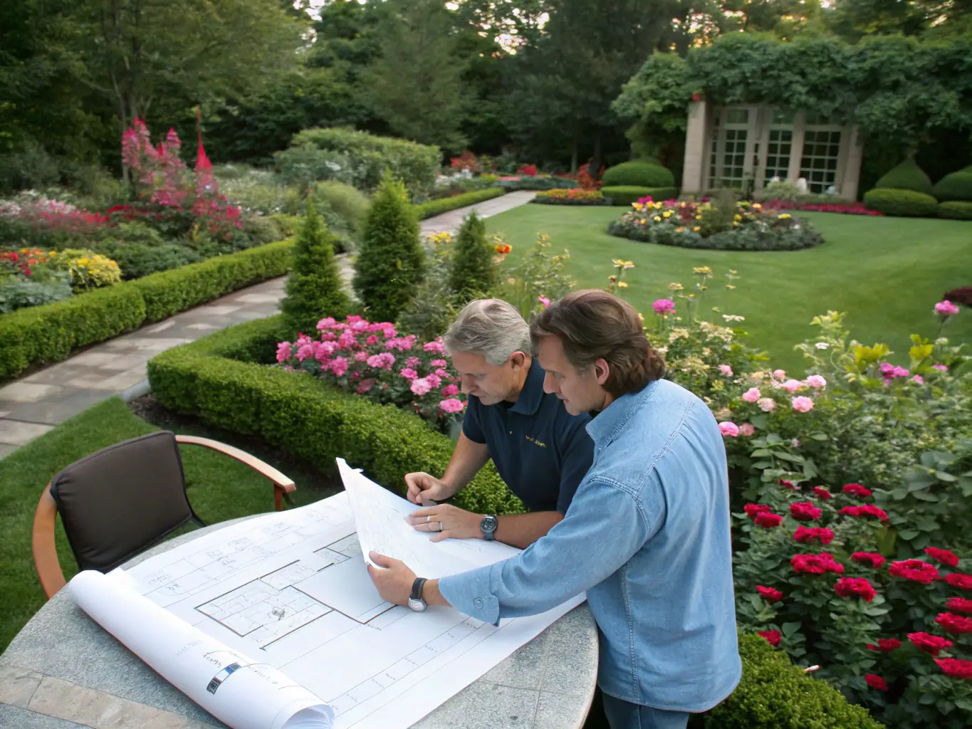 A landscape designer presenting a detailed plan to a homeowner, with a newly installed garden bed and decorative plants in a Greenville, SC backyard.