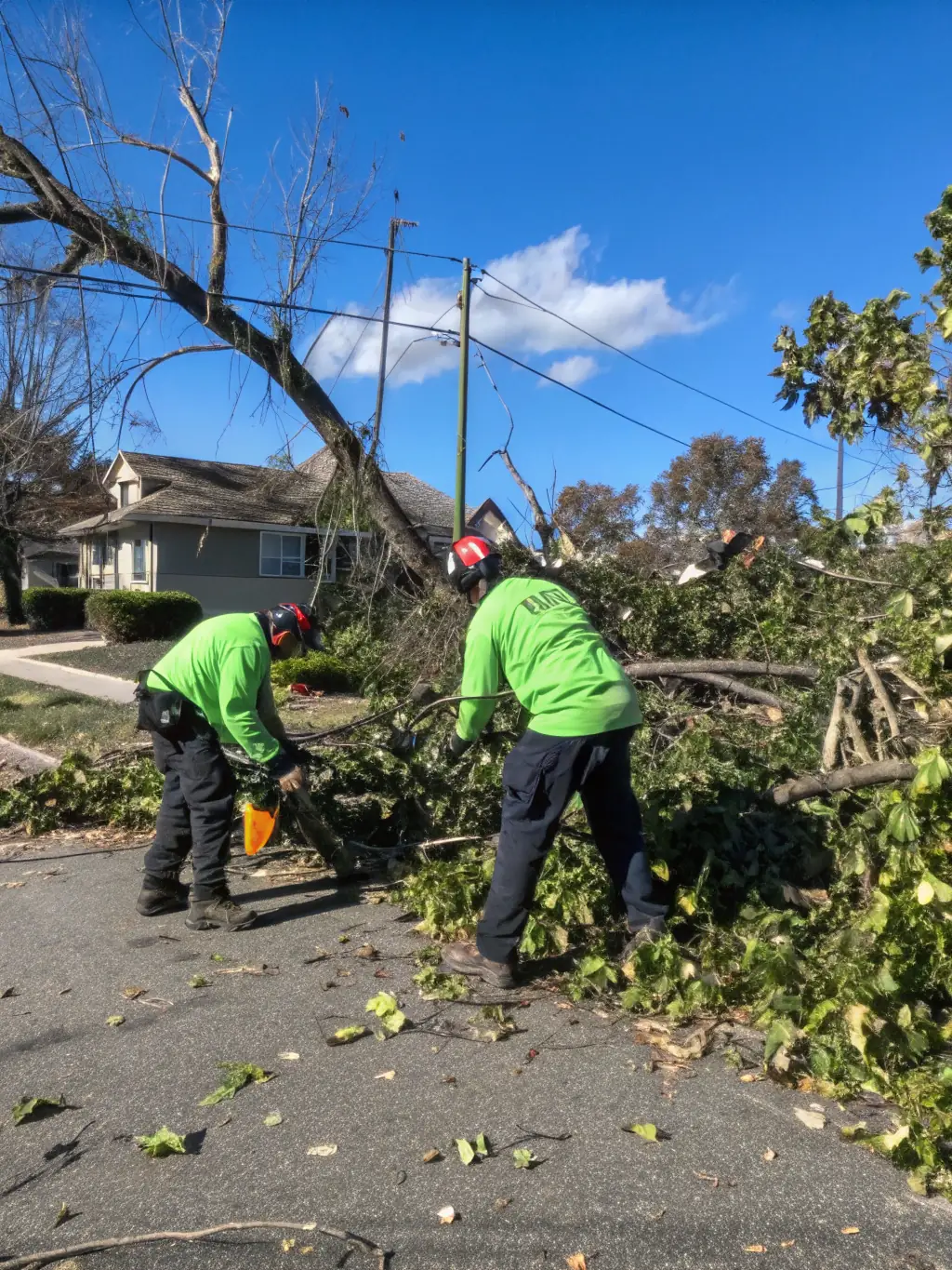 A crew responding to storm damage, removing fallen tree limbs and clearing debris from a driveway after a summer thunderstorm in Greenville.
