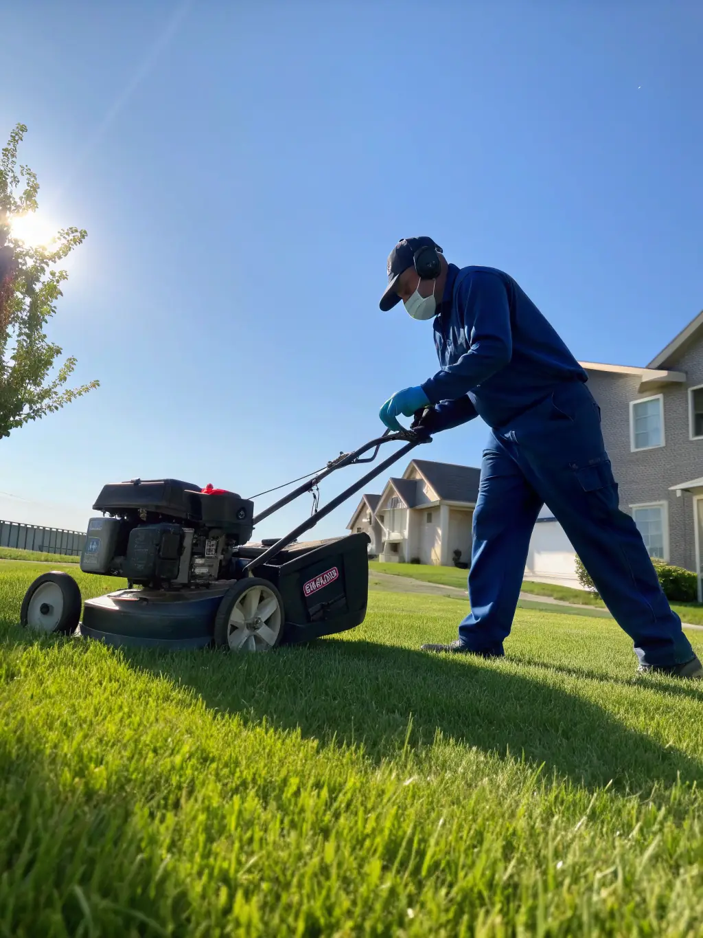 A professional landscaper mowing a lush green lawn in a residential neighborhood in Greenville, South Carolina, with a commercial-grade mower and neatly edged borders.