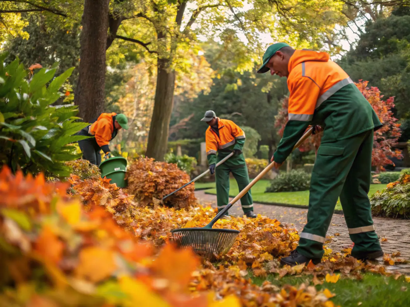 A team of landscapers clearing yard debris, trimming bushes, and spreading mulch in a tidy, well-maintained Greenville, SC property.