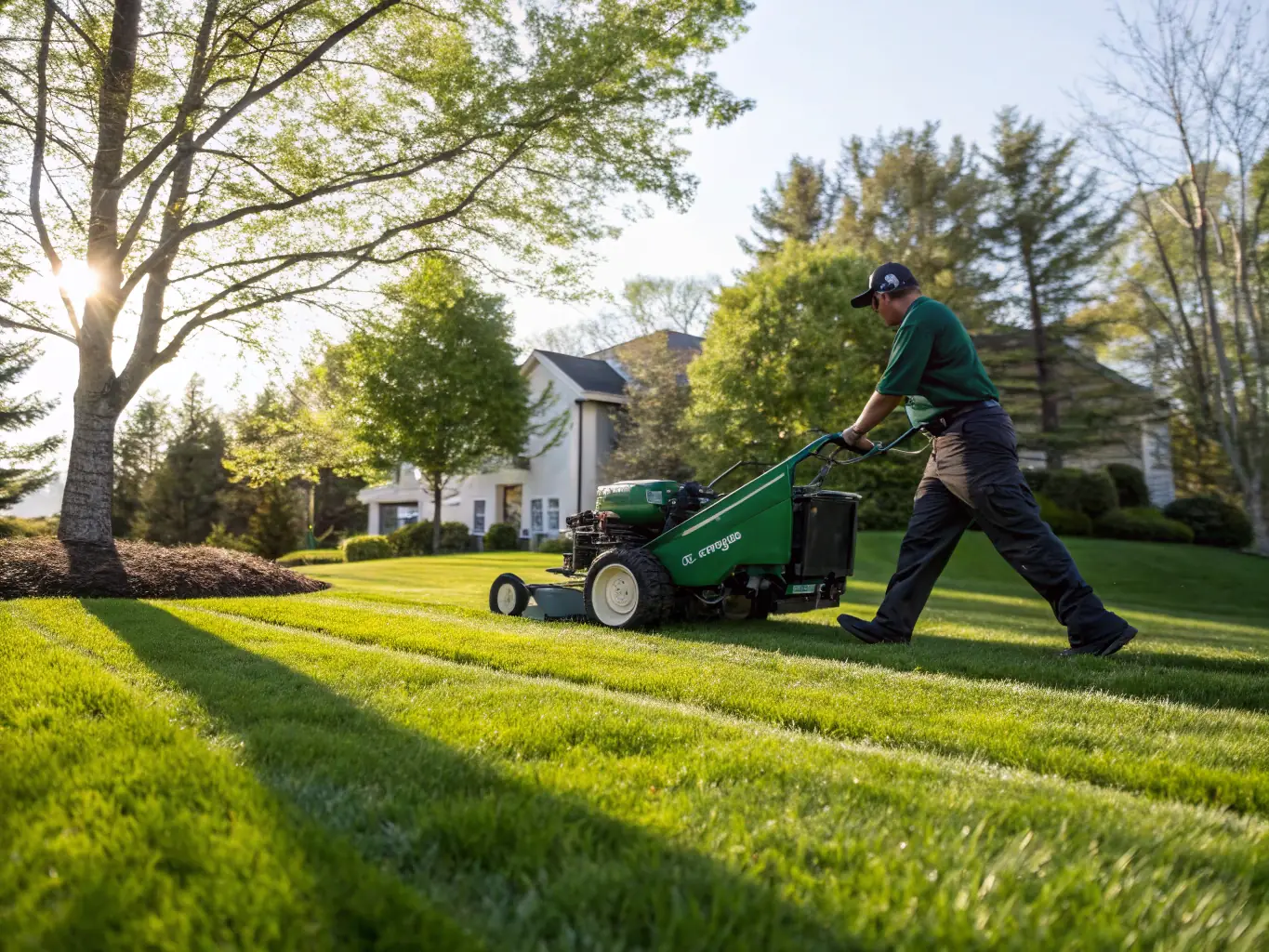 A lush, green lawn in Greenville, South Carolina, with a professional landscaper using a mower and edging tool, showcasing meticulous lawn care and maintenance.